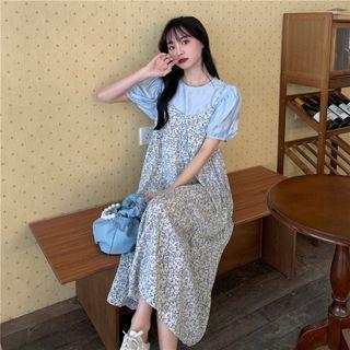 Puff-sleeve Plain Blouse / Flower Print Midi Overall Dress