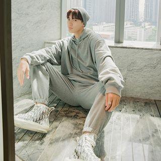 Set: Plain Drawstring Hoodie/plain Drawstring Tie-ankle Pants