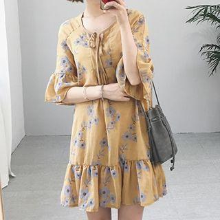 Elbow-sleeve Ruffle Floral Dress