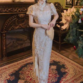 Short-sleeve Ruffled Floral Midi Qipao