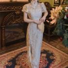 Short-sleeve Ruffled Floral Midi Qipao