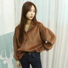 Open-placket Balloon-sleeve Corduroy Top