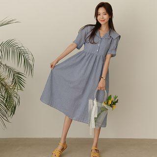 Sailor-collar Seersucker Long Gingham Dress