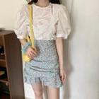 Crinkled Puff-sleeve Top / High-waist Floral Print Mini Skirt