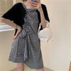 Drawstring Plaid Spaghetti-strap Dress / Short-sleeve Knit Cardigan