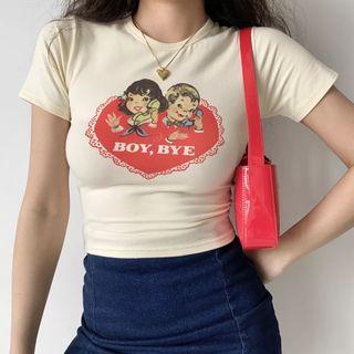 Cropped Heart Print Short-sleeve Top