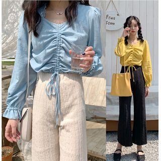 Bell-sleeve Long-sleeve Shirt Top + Wide Waist Cropped Pants Set 2-piece Black Pant - Xxxs