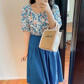 Set: Floral Blouse + Plain Midi A-line Skirt