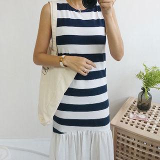 Stripe Sleeveless Ruffle-hem Dress