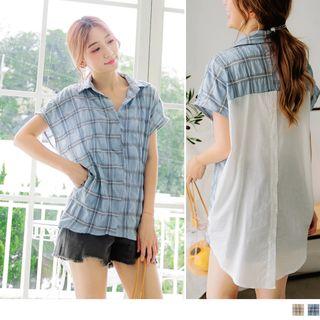 Panel Back Short-sleeve Plaid Blouse