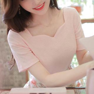 Sweetheart-neck Slim Ribbed T-shirt