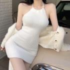 Halter-neck Ribbed Knit Dress / Fluffy Cardigan