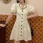 Puff-sleeve Frill Trim Collared Mini A-line Dress
