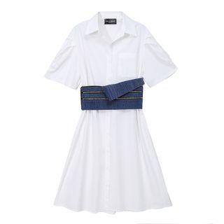 Set: Short-sleeve Shirt Dress + Denim Belt Set Of 2 - Dress & Belt - White - One Size