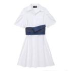 Set: Short-sleeve Shirt Dress + Denim Belt Set Of 2 - Dress & Belt - White - One Size
