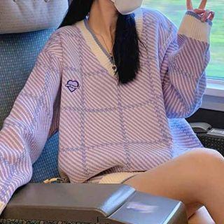 Heart Embroidered Printed Sweater