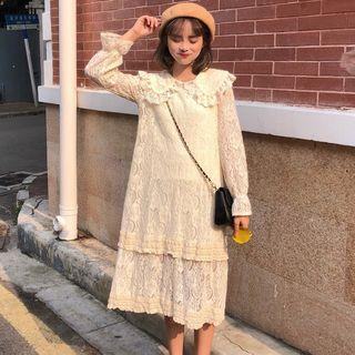 Long-sleeve Peter Pan Collar Midi Lace Dress Almond - One Size