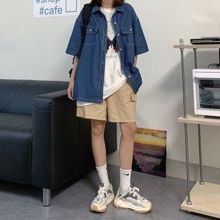 Denim Shirt Cargo Short-sleeve As Shown In Figure - One Size