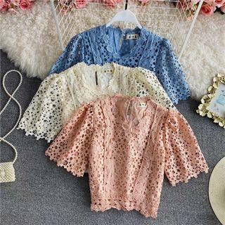 Short Sleeve Eyelet Lace Blouse