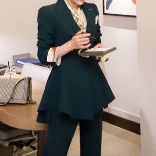 Set: Ruffle Hem Blazer + Straight-fit Pants