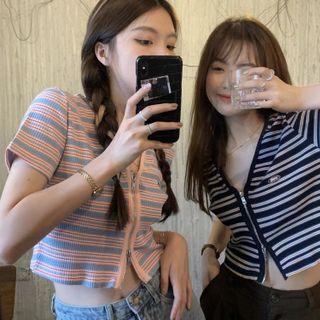 Color Block Striped Zip Knit Top