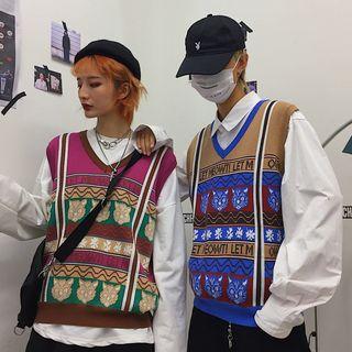 Couple Matching Color Block Cat Print Knit Vest
