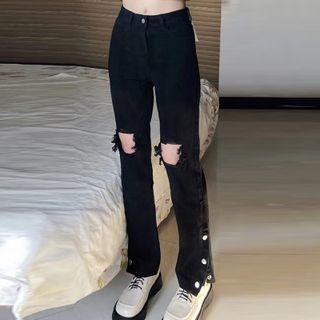 Mid Rise Cutout Buttoned Hem Straight Leg Jeans
