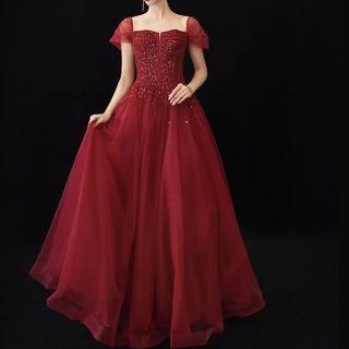 Cap-sleeve Sequined Mesh A-line Evening Gown
