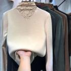 Mock-neck Long-sleeve Lace Panel Fleece Top