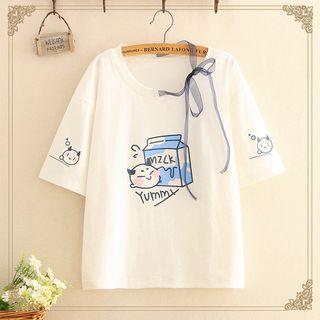 Ribbon Detail Milk Print Short-sleeve Top