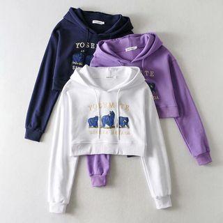 Bear Embroidered Cropped Hoodie