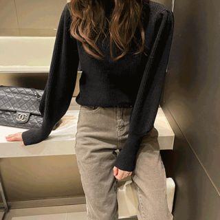Mock-neck Balloon-sleeve Knit Top Black - One Size