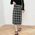 High-waist Color-block Plaid Split Skirt Black - One Size