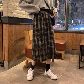 Plaid Midi A-line Skirt Dark Brown - One Size