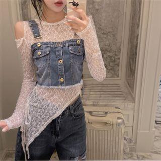 Long-sleeve Cold-shoulder Lace Top / Denim Cropped Vest