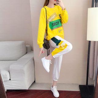 Set: Printed Long-sleeve T-shirt + Color Block Cropped Harem Pants