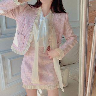 Set: Ruffle Trim Bow Jacket + Mini Pencil Skirt
