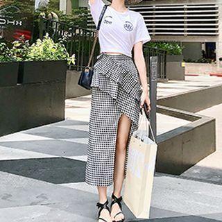 Set: Ruffle Camisole + Side-slit Gingham Midi Straight-fit Skirt