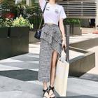 Set: Ruffle Camisole + Side-slit Gingham Midi Straight-fit Skirt