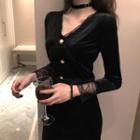Long-sleeve Maxi Velvet Sheath Dress Black - One Size