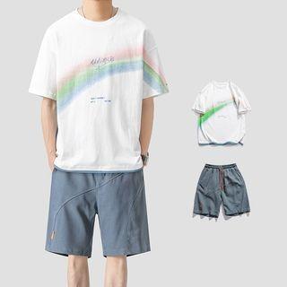 Elbow-sleeve Rainbow Print T-shirt / Wide Leg Shorts