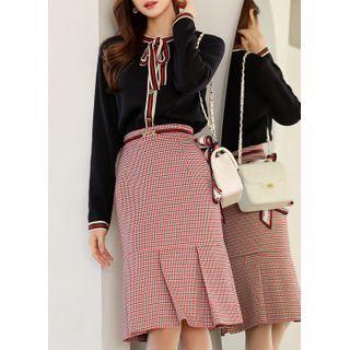 Belted Pleated-hem Midi Checked Skirt