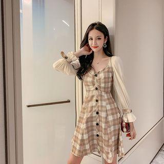 Balloon-sleeve Plaid Shirred A-line Dress