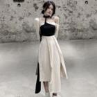 Choker-neck Two-tone Panel Midi A-line Dress