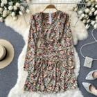 V-neck Drawstring Floral Long-sleeve Dress As Shown In Image - One Size