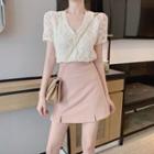 Set: Lace Short-sleeve Blouse + Slit-front Mini A-line Skirt