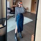 Houndstooth Long-sleeve Top / High-waist Asymmetric Split Denim Skirt