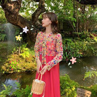 Spaghetti Strap Midi A-line Dress / Floral Print Light Jacket