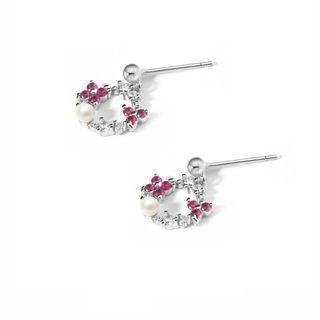 925 Sterling Silver Faux Pearl Rhinestone Mini Hoop Earring