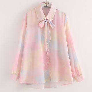 Long-sleeve Tie-neck Chiffon Shirt As Shown In Figure - One Size